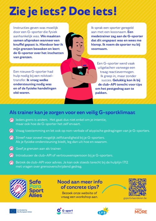 Poster voor G-sporttrainers met de woorden: Zie je iets? Doe iets!
