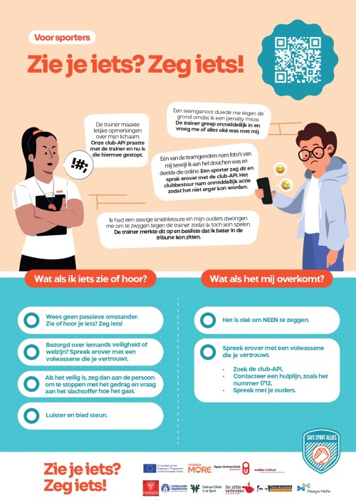 Poster voor sporters met in het groot de woorden: Zie je iets? Zeg iets!