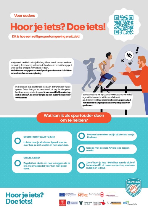 Poster voor sportouders met de woorden: Hoor je iets? Doe iets!