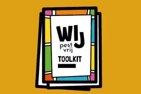 Gele illustratie met de woorden: Wij pestvrij toolkit